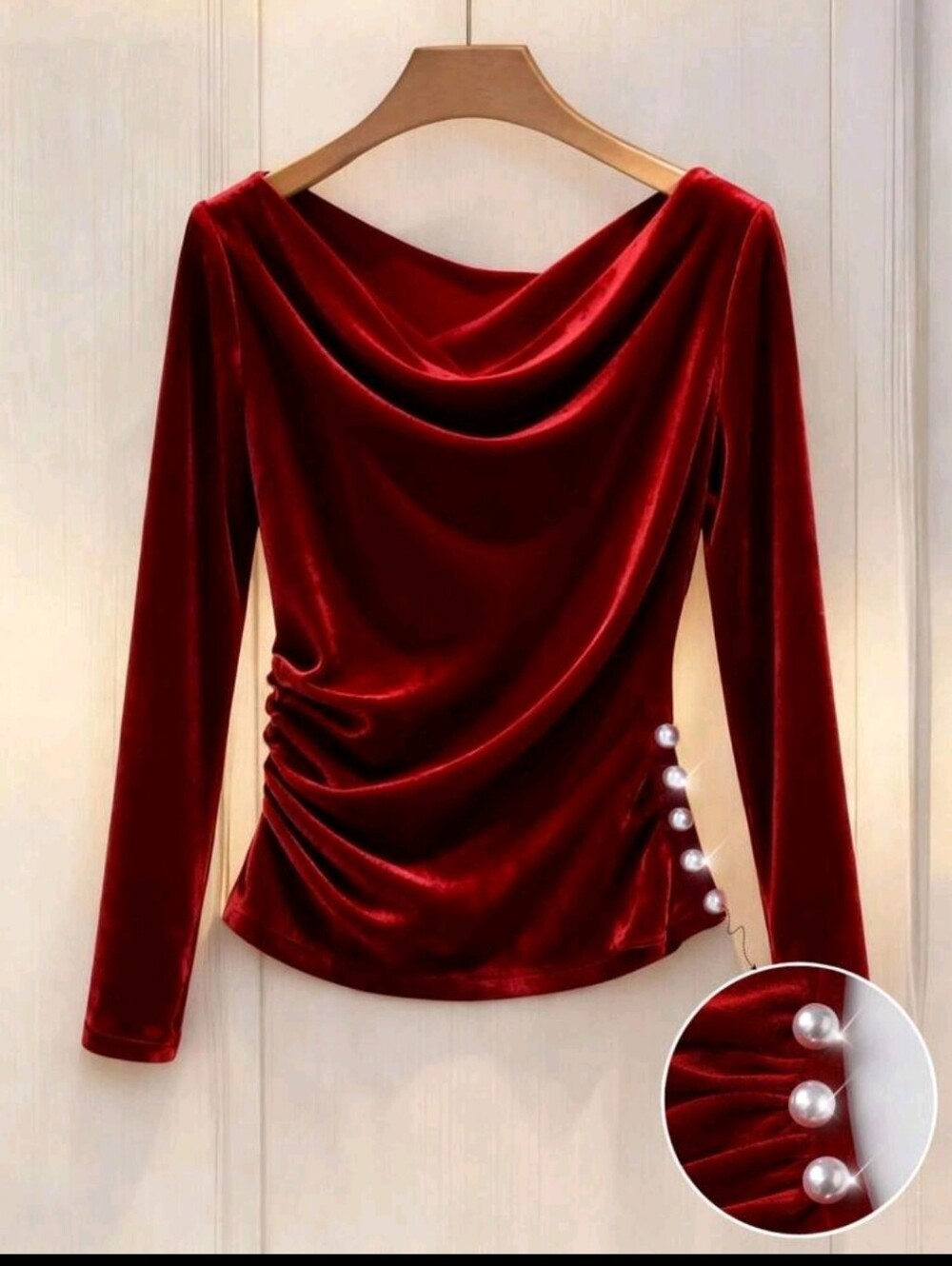 BRAND NEW ** Elegant Red Velvet Draped Pearl-Accent